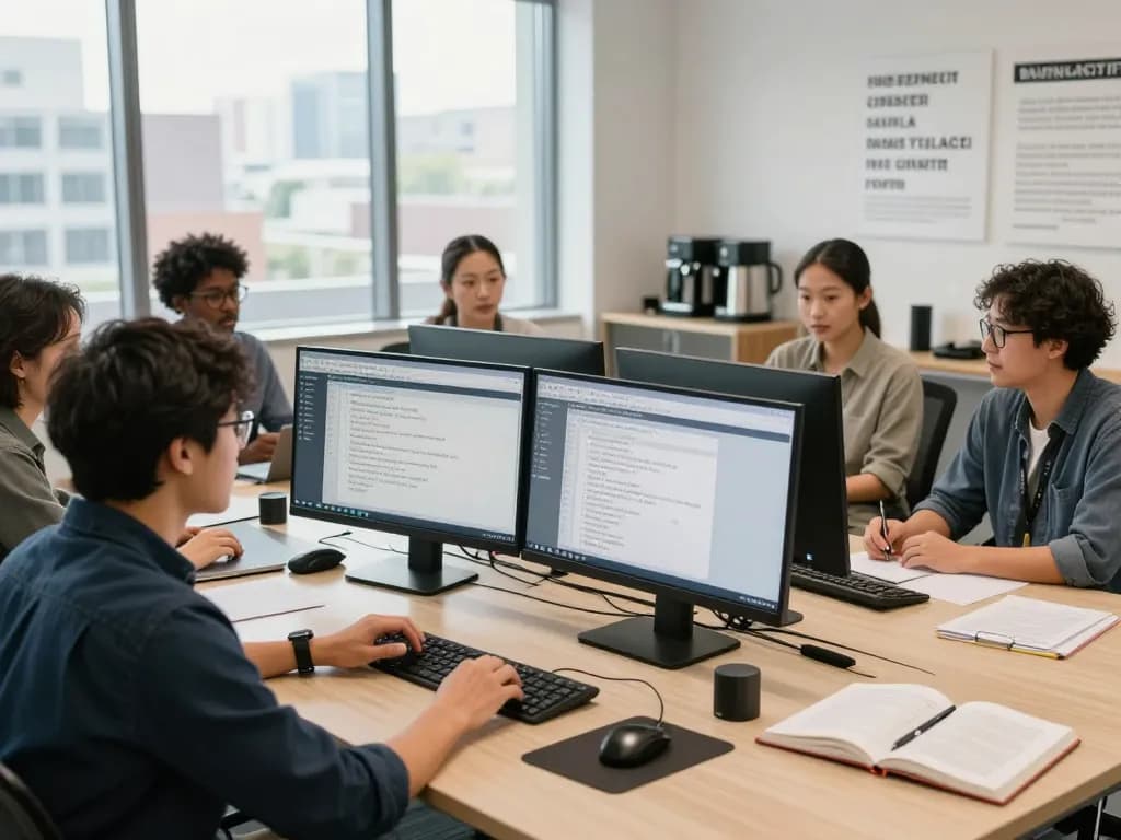 多语言专业人士在现代办公室中使用有道词典进行实时翻译。