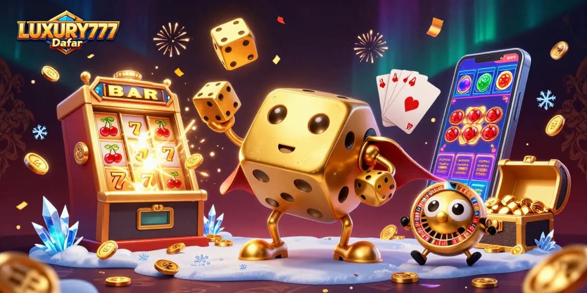 LUXURY777 Daftar menyajikan ilustrasi kasino 3D menarik dengan dadu emas dan elemen permainan