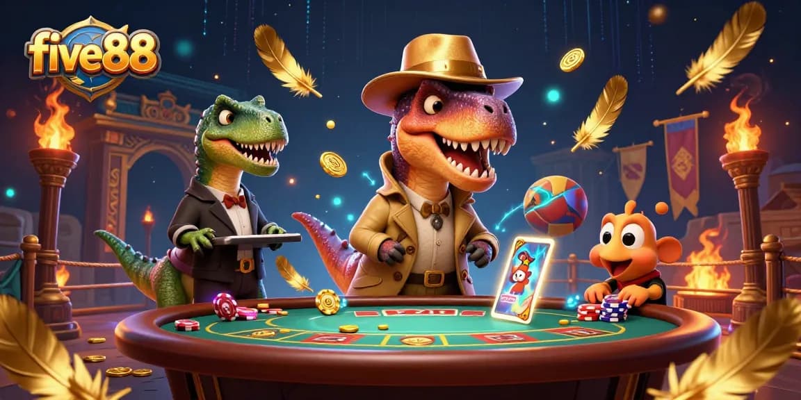 Experience the thrilling scene at five 88 with characters in a vibrant casino atmosphere, showcasing excitement and strategy.