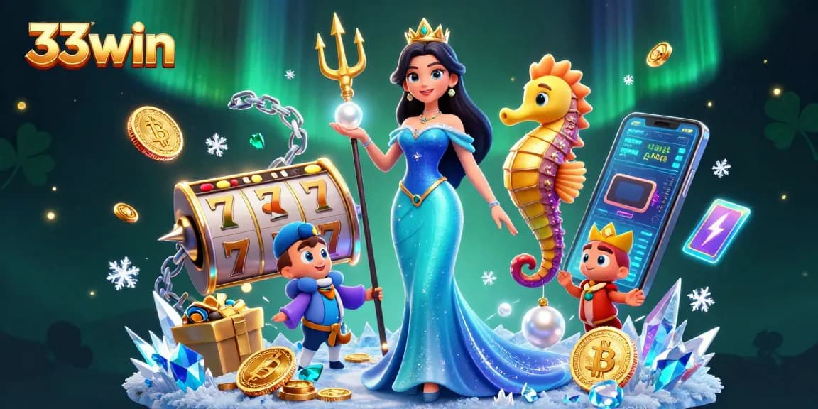 Experience the excitement of 33win with this vibrant underwater casino-themed illustration.