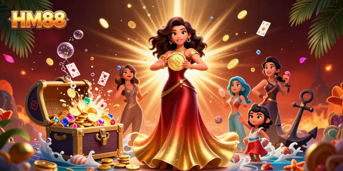 Engage with the dynamic gaming experience of HM88 featuring excited players amidst vibrant casino graphics.