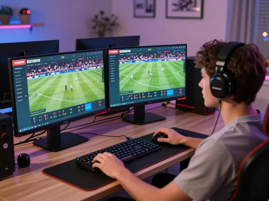 Socolive user engaged in live football streaming at home, showcasing a vibrant and strategic gaming atmosphere.