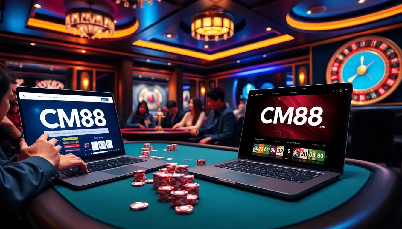 Exciting CM88 poker game in a luxury casino atmosphere with vibrant chips and players.