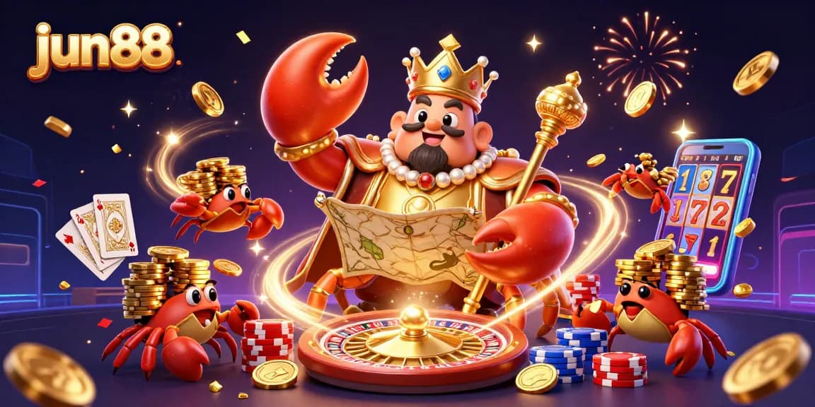 Experience excitement at jun88 with a golden crab emperor celebrating wins in a vibrant casino environment