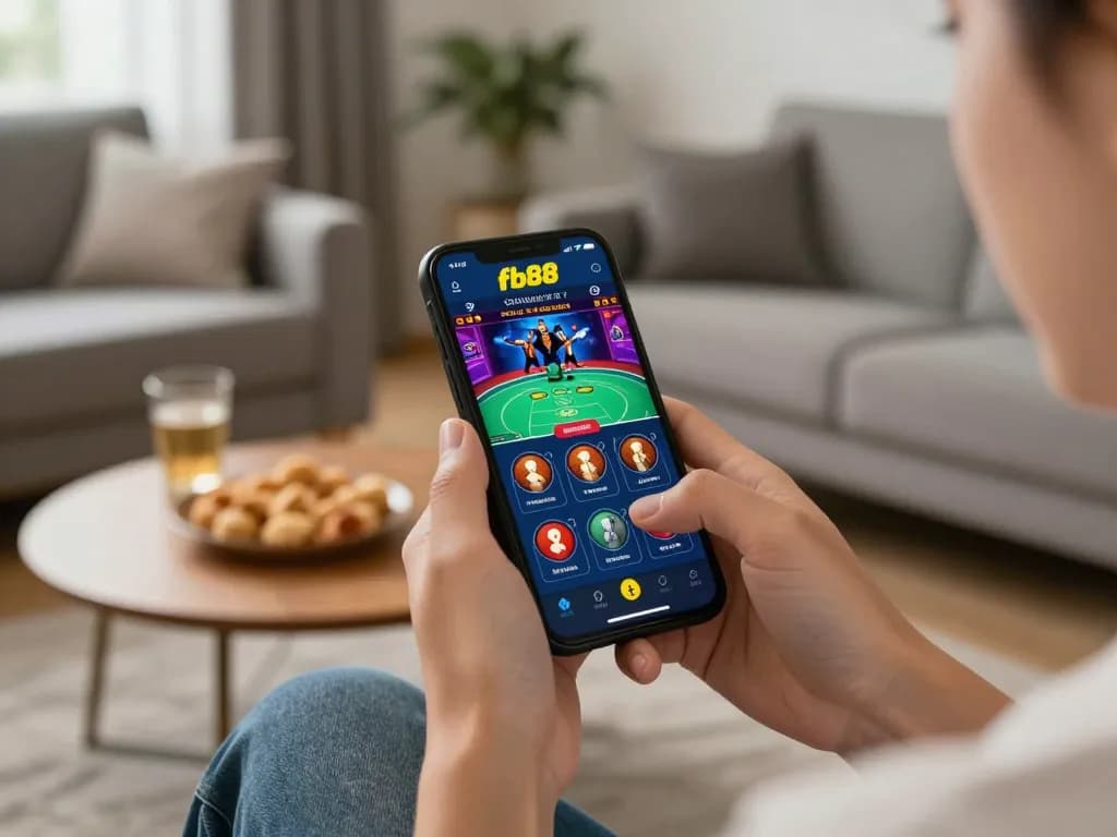 Player engaging in live dealer game on fb88 app while relaxing at home.