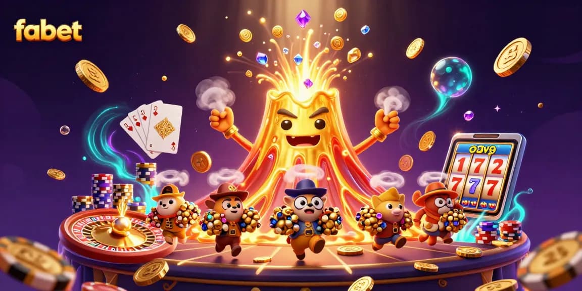 Experience the thrill of fabet as the golden volcano erupts with treasure, captivating gamblers inside a vibrant casino.