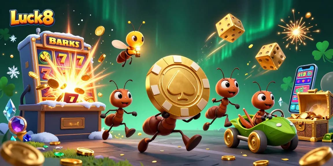 Luck8 team of animated ants heist with golden poker chip and bursting casino elements