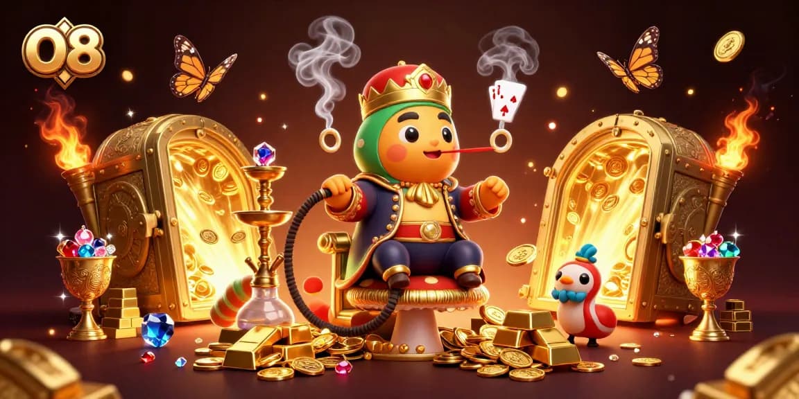 Experience O8's vibrant casino universe with cartoon characters amidst riches and poker symbols.