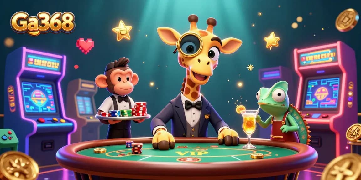 Engage in thrilling matches at Ga368 with vibrant gambling elements surrounding an animated scene.