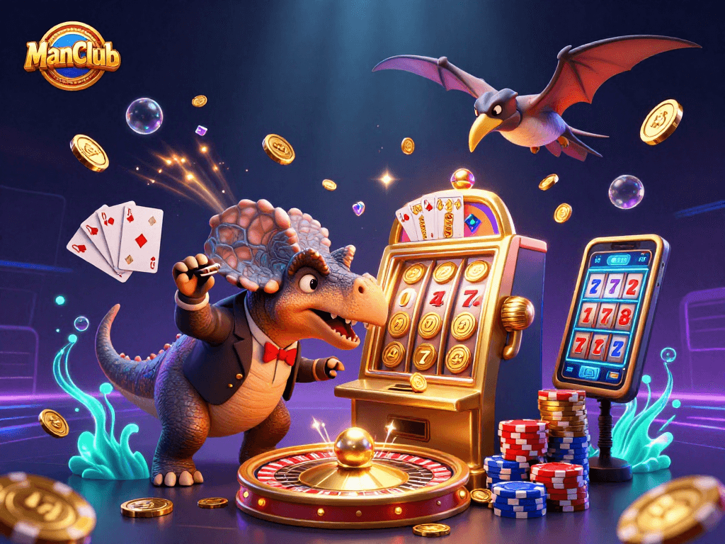 ManClub showcases an energetic scene with a dinosaur at a jackpot slot machine amidst flying coins.