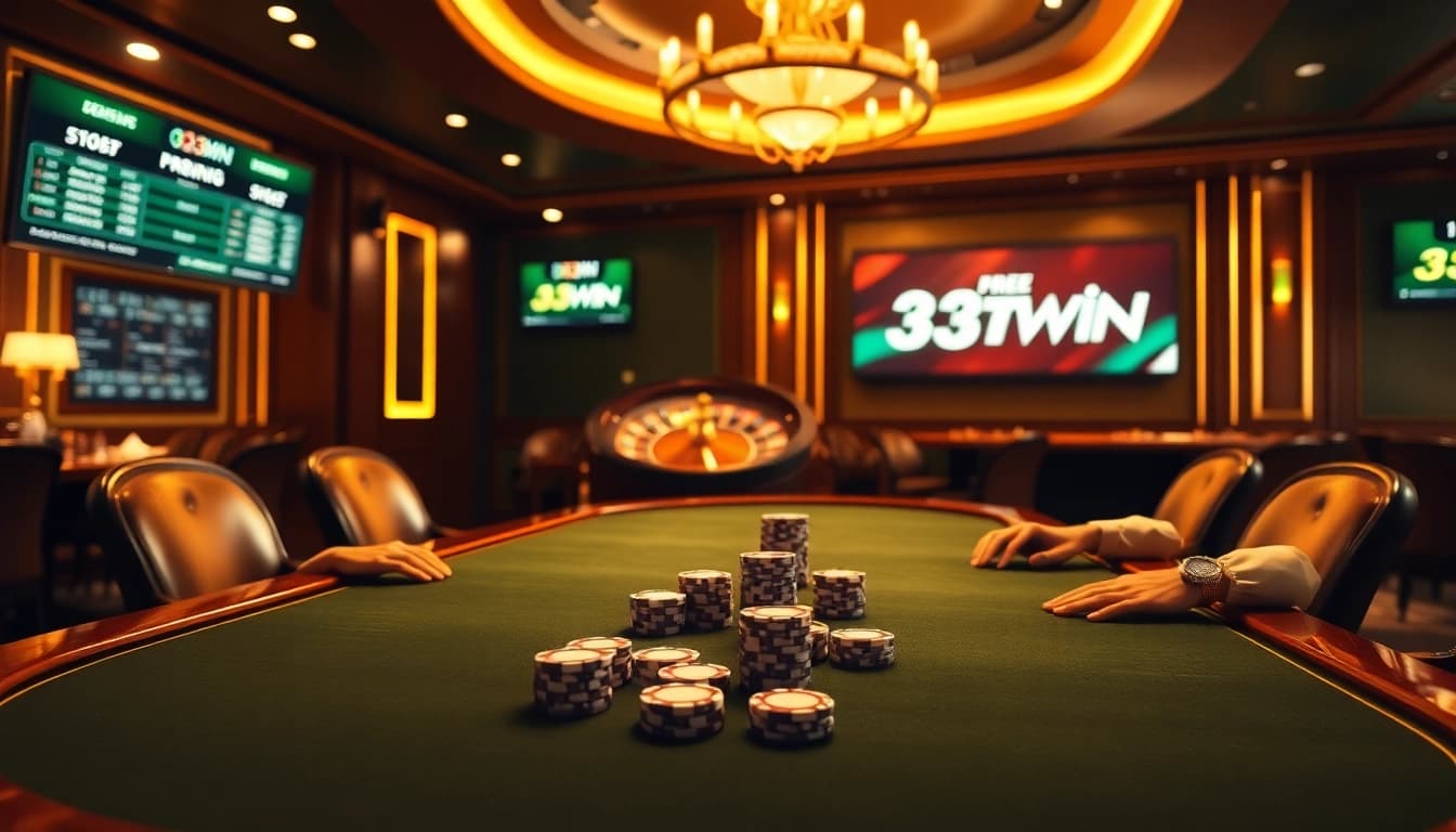 Engage in high-stakes poker at 33WIN casino with vibrant chips and a spinning roulette wheel.