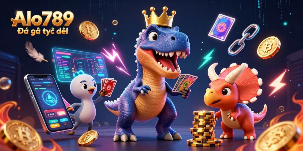 Alo789 Đá gà trực tiếp featuring a T-Rex and pterodactyl in a vibrant casino scene.