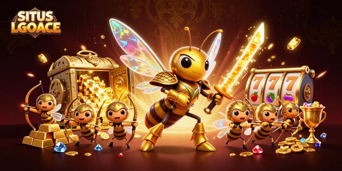 SITUS LGOACE reveals thrilling moments with a hornet warrior and treasure in this dynamic casino illustration.
