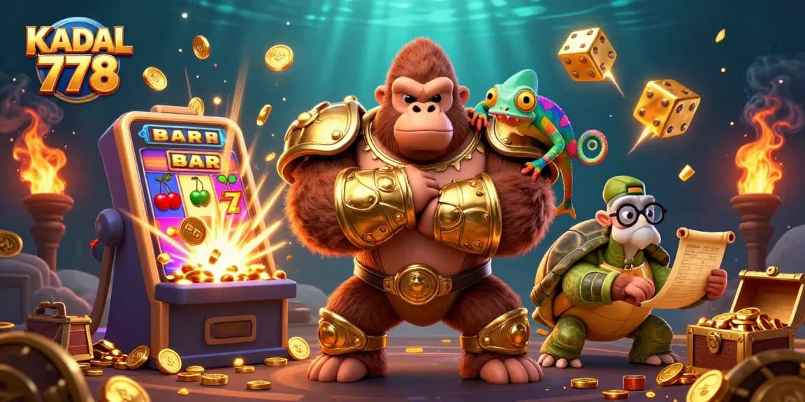 KADAL 778 showcases a thrilling casino scene with a powerful gorilla king, colorful game elements, and jackpot symbols bursting from a slot machine.
