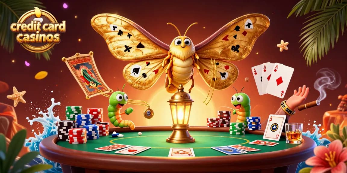 Engage with vibrant credit card casinos showcasing a golden moth and poker elements.