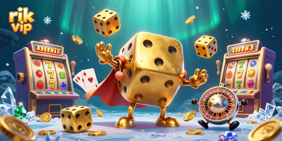 Experience winning at rik vip with a vibrant 3D casino illustration featuring golden dice, slot reels, and festive elements.