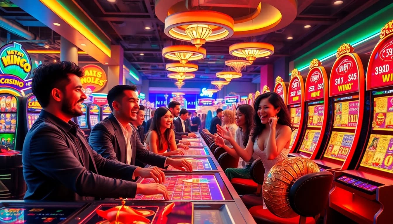 Exciting casino scene at MMOO, showcasing diverse players enjoying gambling games.