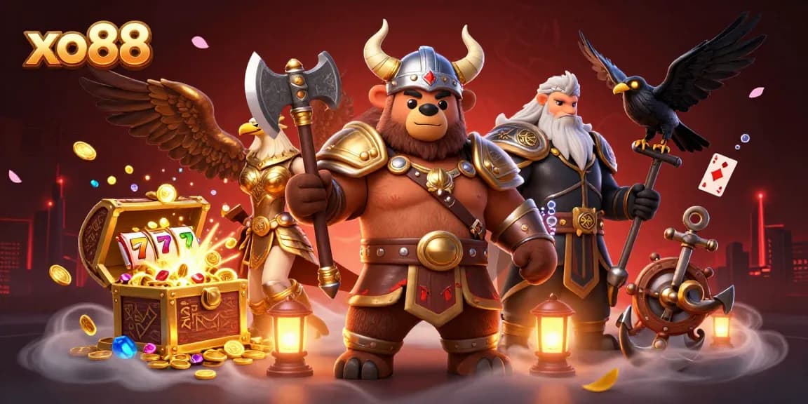 Engage with the thrill of xo88 slots featuring a Viking bear, Valkyrie eagle, and dynamic game elements.