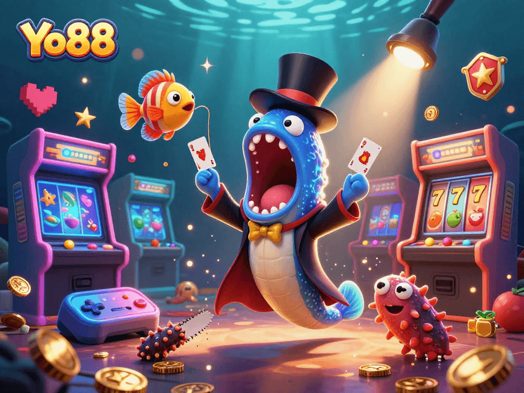 Engage in winning card tricks with Yo88’s cartoon sea creatures in a vibrant casino scene.