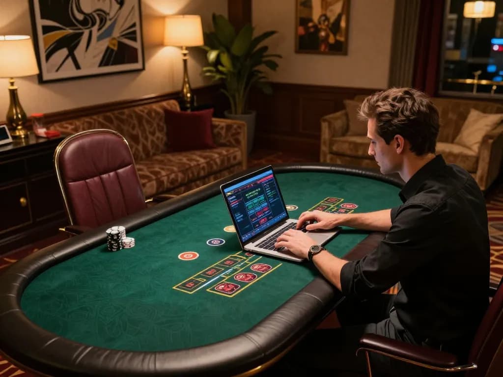 KJC player evaluates online blackjack strategy at a stylish gaming setup.