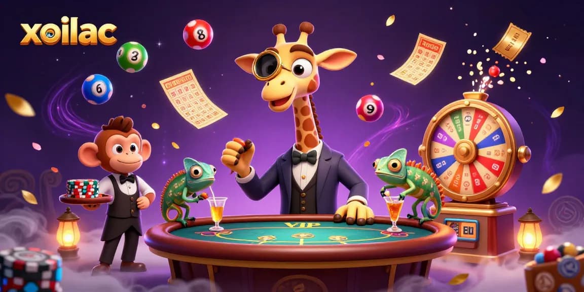 Experience the excitement of xoilac with a vibrant illustration of gambling characters and elements.