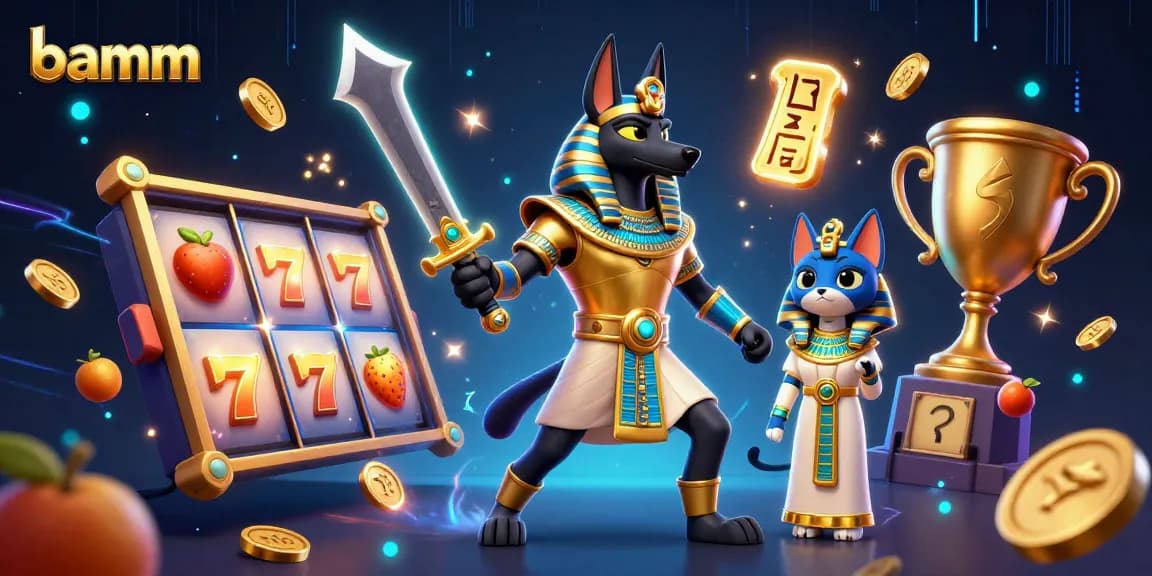 Bamm showcases Anubis and Bastet in a lively 3D casino scene packed with slot machines and jackpot elements.