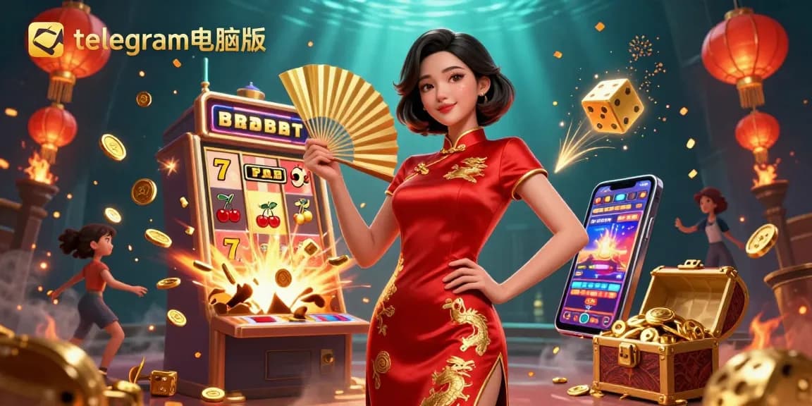 体验使用telegram电脑版的赌场游戏的刺激，展示一位充满活力的亚洲女性和大奖元素。