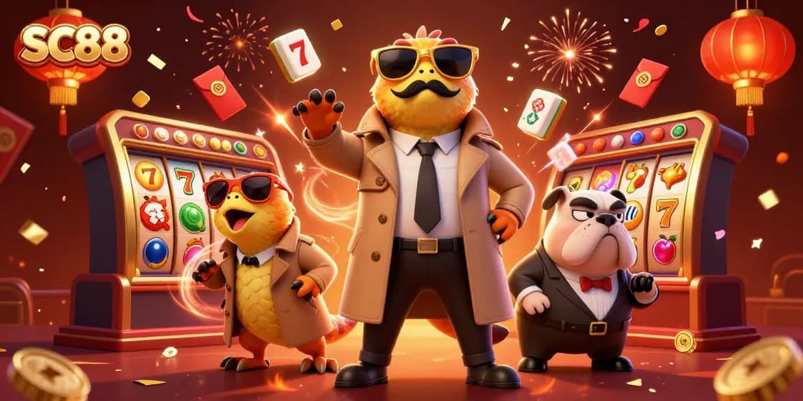 SC88 raptors in a trench coat humorously attempting VIP casino entry amidst festive gambling elements.