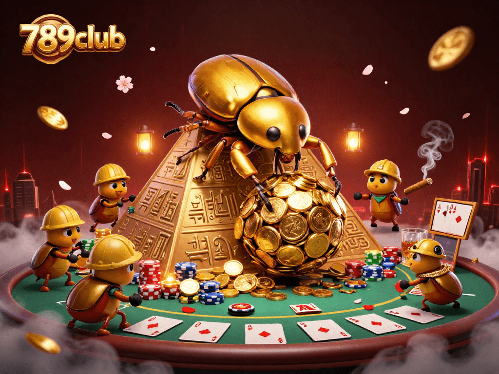 Join the excitement of 789club, where a golden beetle rolls coins alongside poker elements in a vibrant casino scene.