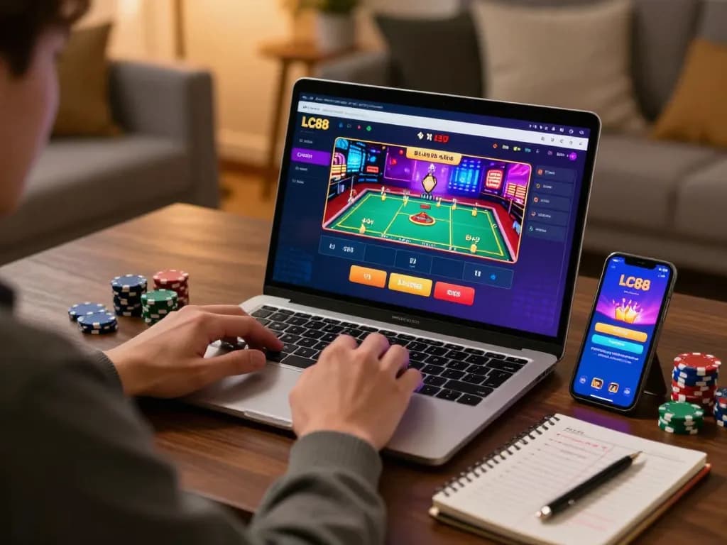 Engaging player using LC88 live dealer game interface on laptop, showcasing responsible online gambling.