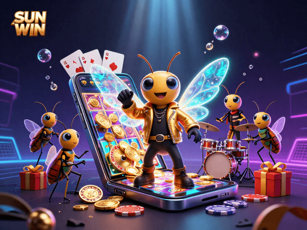 SUN WIN showcases an energetic scene with a rock star cicada, beetle drummer, and vibrant casino game elements.
