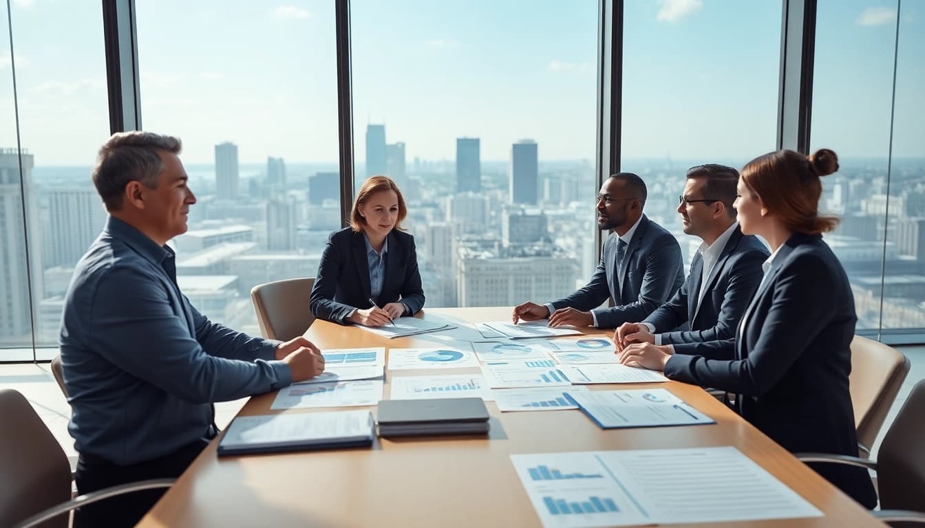M&A 관련 논의 중인 재무 전문가들의 현대적인 사무실 풍경.