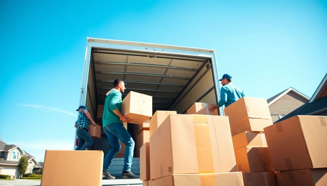 Efficient calgary movers loading boxes into a truck during a bright day