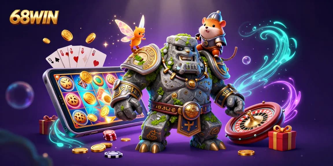 Experience thrilling games with 68WIN, featuring lively characters and captivating slot visuals.