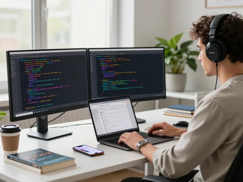 Developer coding on dual monitors for 谷歌浏览器 in a modern office, showcasing productivity and technology.