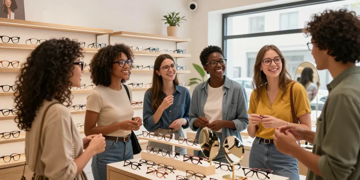 Fashionable group exploring óculos de grau options in a trendy boutique, showcasing unique styles and vibrant atmosphere.