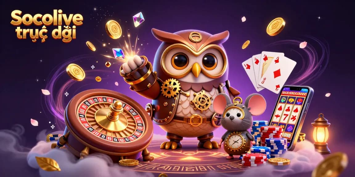 Experience Socolive trực tiếp with vibrant casino elements and characters in a rich, dynamic scene.