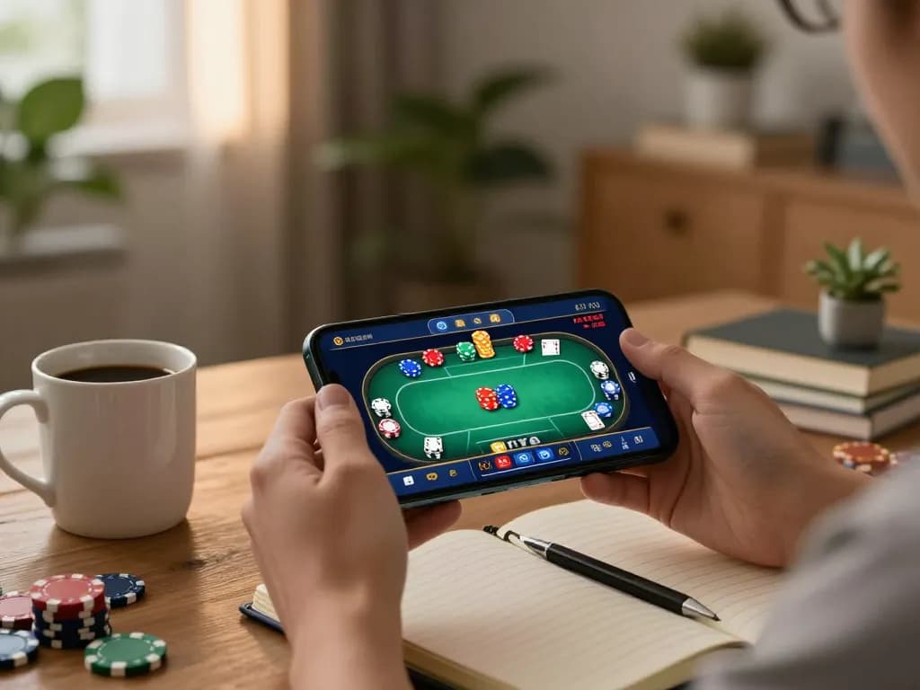 Duitgini user strategizing with poker game on smartphone in a cozy home office setup.
