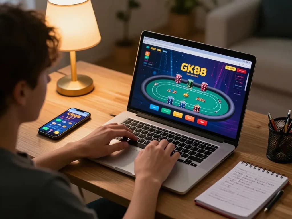 Engaging online gaming session with GK88 uk net displayed on laptop screen, showcasing strategic poker gameplay