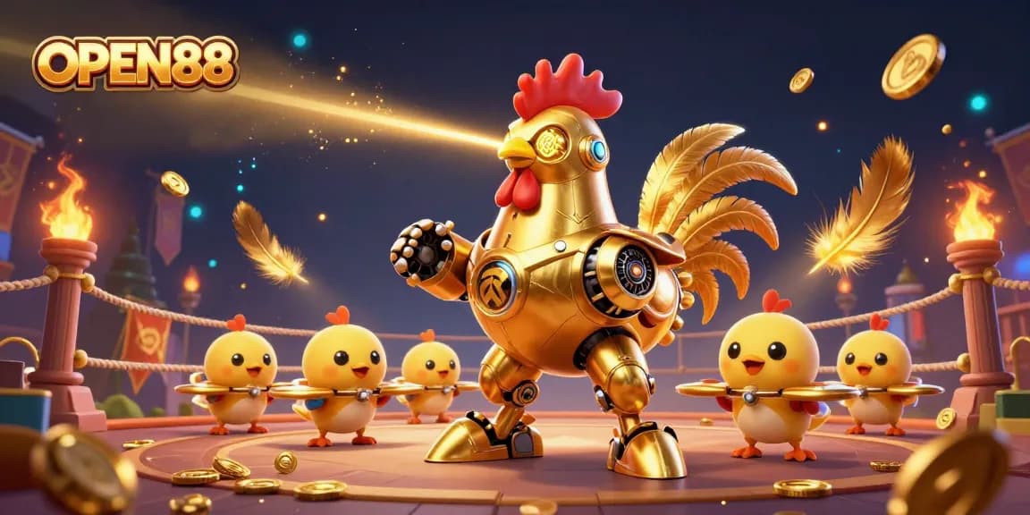 Bet golden with OPEN88 featuring a futuristic rooster robot in a vibrant casino atmosphere.