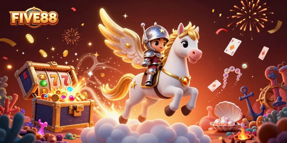 Immerse yourself in the FIVE88 casino adventure with a knight riding a celestial horse among treasures.