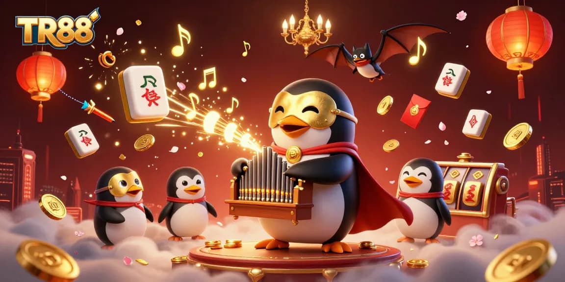 Experience the dynamic world of TR88 as a penguin plays music while golden coins rain down, showcasing the excitement of online gaming.