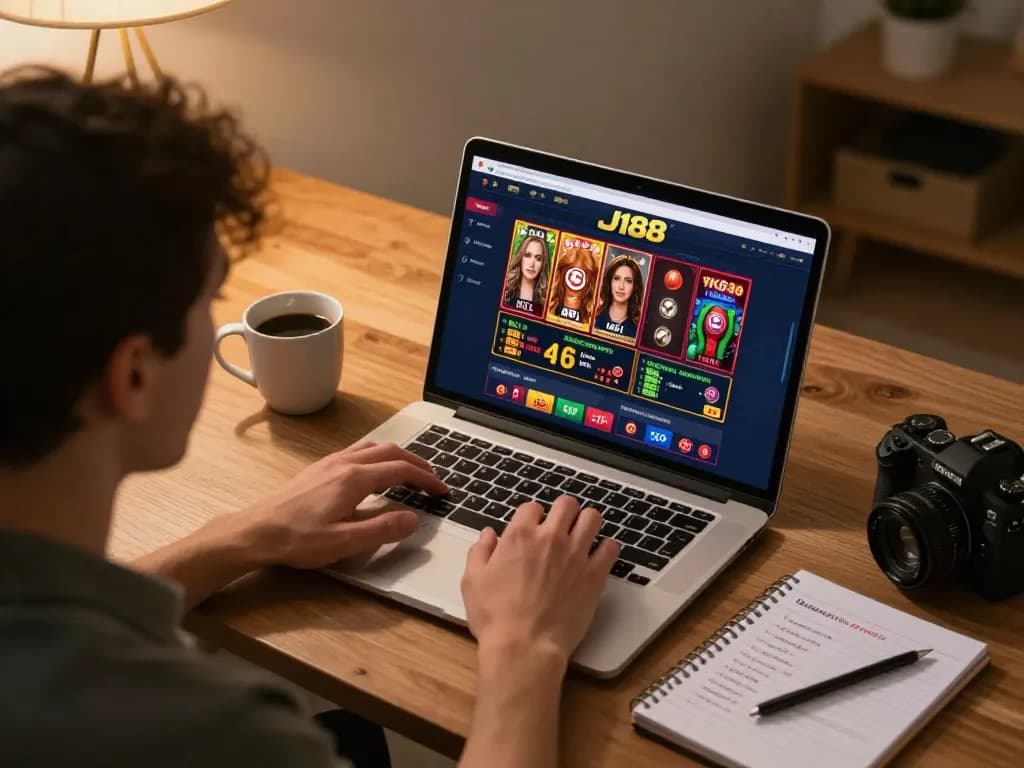 Engaging moment of a player exploring online gambling options on J188 app in a cozy home setting.