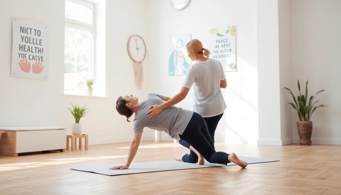 Physiotherapist helping a patient with back pain exercises in a bright clinic setting.