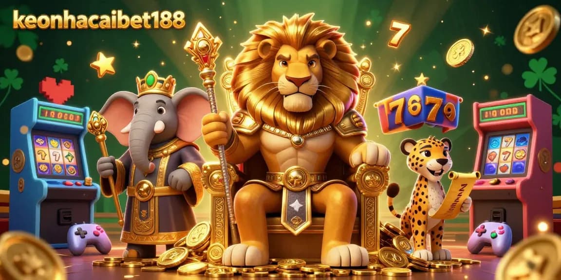 Engage in thrilling slots action at keonhacaibet188 with a vibrant 3D casino scene featuring animated characters and gaming elements.