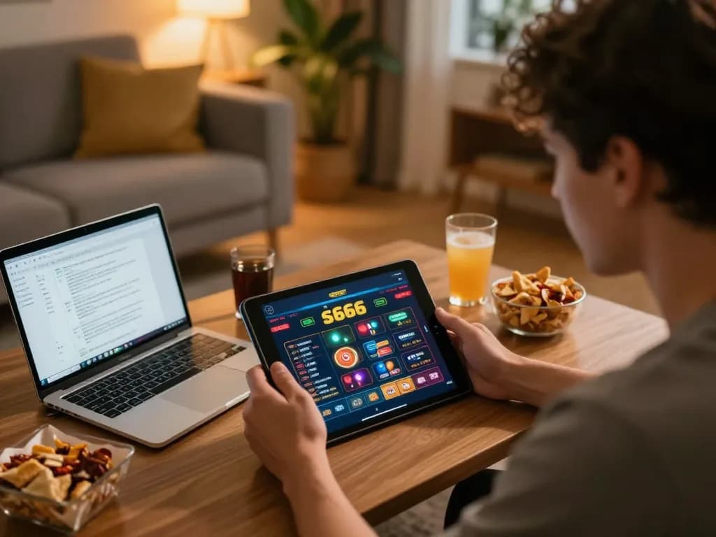 Engaging player examines s666 online casino app on tablet amidst cozy home gaming setup.