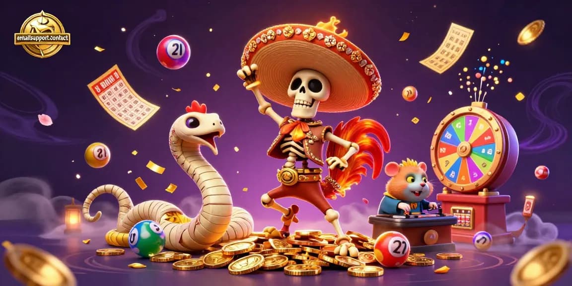 Experience gaming excitement with emailsupport-contact in a vibrant lottery scene featuring a dancing mariachi rooster.
