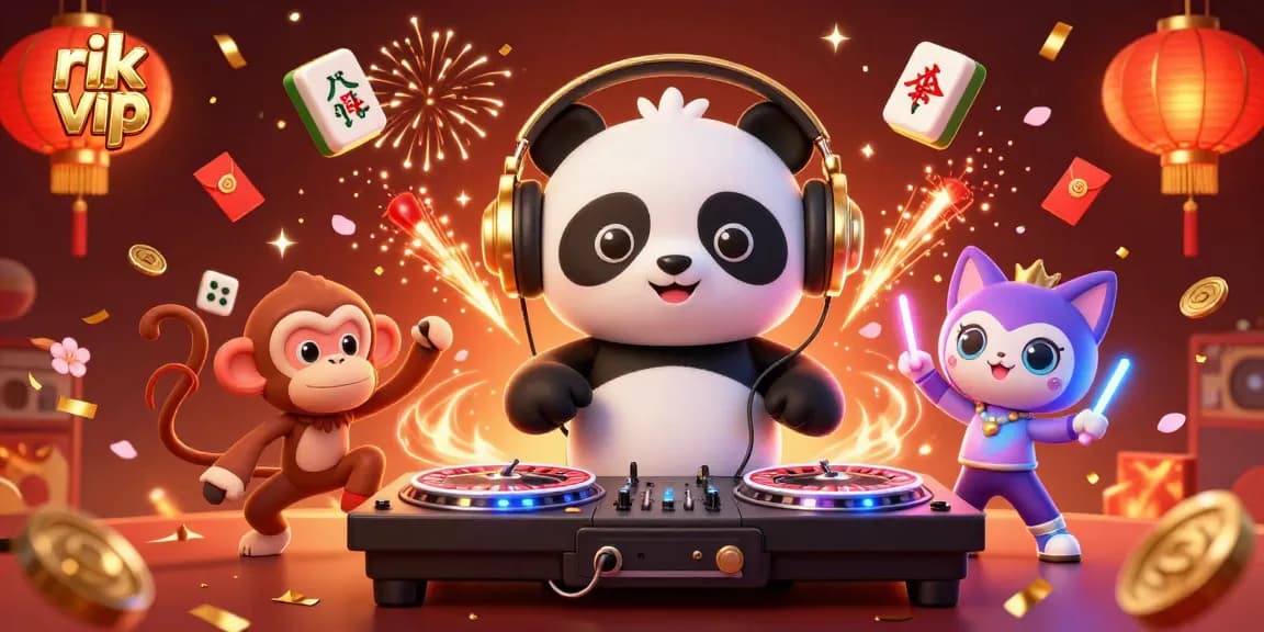 Experience winning at rik vip with a lively 3D casino scene featuring lively characters and festive decorations.