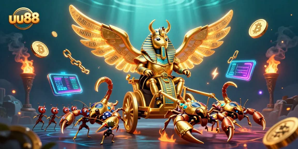 Engage with uu88's thrilling casino experience amidst a dynamic 3D golden beetle and scorpions.