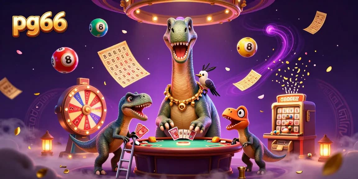 Experience big wins at pg66 with this vibrant casino scene featuring a brontosaurus and raptor.